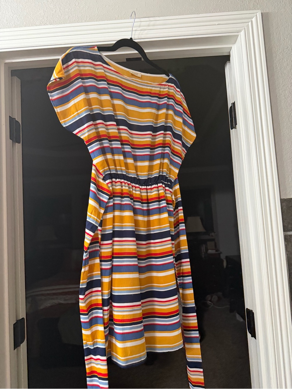 Striped Yellow & Navy Dress with Red Accents